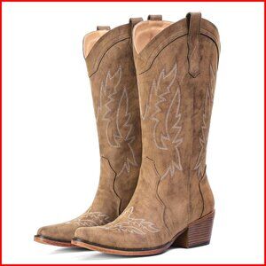 Women's Mid Calf Cowboy Boots with Embroidery Snip Toe Chunky Heel